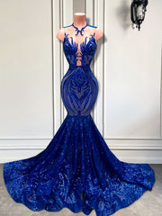 Real Sample Long Prom Dresses Fitted Mermaid Style Sheer Mesh Royal Blue Sparkly Sequined Women Prom Gala Gowns