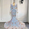 Sparkly Long Sleeve V-neck Mermaid Style Sequined Long Prom Dress With Long Train