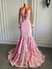 See Through Beaded Long Pink Prom Dress