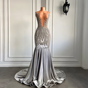 Sexy Sheer See Through Sparkly Diamond Silver Prom Dress