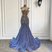 Sparkly Light Blue Mermaid Prom Dress with Silver Crystals