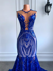 Real Sample Long Prom Dresses Fitted Mermaid Style Sheer Mesh Royal Blue Sparkly Sequined Women Prom Gala Gowns