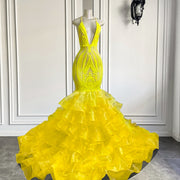 Sexy V-neck Mermaid Ruffle Yellow Organza Sparkly Sequin Long Prom Dress