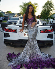 Long Sparkly Prom Dresses Gorgeous Sweetheart Sexy Mermaid Silver and Purple Sequin Prom Party Gowns