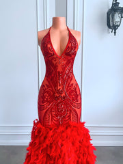 Long Elegant Prom Dresses Real Sexy See Through Sparkly Red Sequined Feather Mermaid Prom Gala Gowns