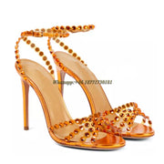 2022 Summer Ladies New Stiletto Round Toe High Heel Open Toe Rhinestone Large Size Buckle Hollow Cross Sandals Gift for Women