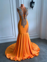 Sparkly Orange Sheer Long Mermaid Style Prom Dress