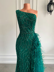 Long Evening Dresses Real Picture One Shoulder Mermaid Sexy High Slit Green Tulle Beaded Party Formal Gowns