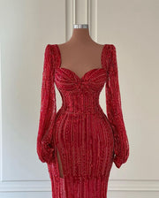 Long Sleeve Evening Dresses Elegant High Slit Sweetheart Red Sequin Formal Evening Gowns