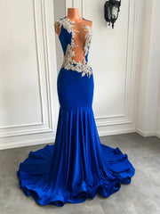 Long Elegant Prom Dresses Sexy Mermaid Real Picture Sparkly Silver Embroidery Gowns Royal Blue Prom Gala Formal