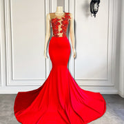 Elegant Sexy Mermaid Sheer Beaded Embroidery Red Spandex Prom Dress