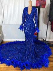 Luxury Long Sleeve Prom Dresses V-neck Mermaid Style Feather Royal Blue Sequined Feather Prom Gala Party Gowns