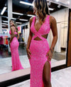 Sequins V Neck Backless Glitter Sleeveless High Split Prom Gala Dress