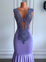 Luxurious Long Prom Dresses Sexy Mermaid Handmade Beaded Diamond Lavender Prom Gala Party Formal Occasion Dress