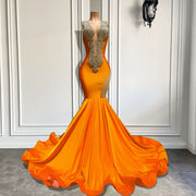 Orange Long Prom Dresses Sexy Mermaid Style Sheer O-neck Sparkly Luxury Silver Diamond Spandex Prom Gowns