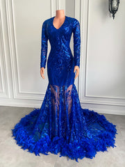 Luxury Long Sleeve Prom Dresses V-neck Mermaid Style Feather Royal Blue Sequined Feather Prom Gala Party Gowns