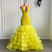 Sexy V-neck Mermaid Ruffle Yellow Organza Sparkly Sequin Long Prom Dress