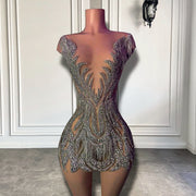 Luxury Sexy See Through Silver Beaded Crystals Short Mini Prom Dresses For Birthday Party