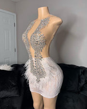 Luxury Sheer Mesh Silver Crystal White Feather Elegant Rhinestone Short Cocktail Dresses For Women