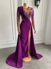 Long Sleeve Evening Dresses Luxury Real Sample Pearls Purple Satin Sheer Formal Evening Gowns