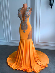 Orange Long Prom Dresses Sexy Mermaid Style Sheer O-neck Sparkly Luxury Silver Diamond Spandex Prom Gowns