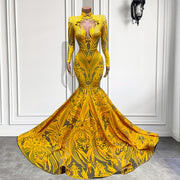 Sexy Mermaid Style Long Sleeve High Neck Yellow Sequin Long Prom Dresses For Party