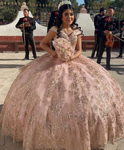 Pink Off The Shoulder Quinceanera Dresses Sparkly Lace Ball Gown Sweet 16 Princess Dress Gala Vestido De 15 Anos