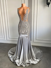 Sexy Sheer See Through Sparkly Diamond Silver Prom Dress