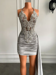 V-neck Sheer Beaded Embroidery Women Birthday Party Gowns Silver Velvet Sequined Short Prom Dresses