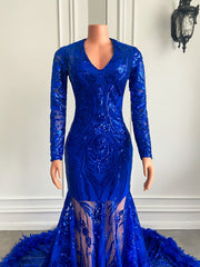 Luxury Long Sleeve Prom Dresses V-neck Mermaid Style Feather Royal Blue Sequined Feather Prom Gala Party Gowns