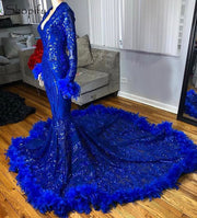 Luxury Long Sleeve Prom Dresses V-neck Mermaid Style Feather Royal Blue Sequined Feather Prom Gala Party Gowns