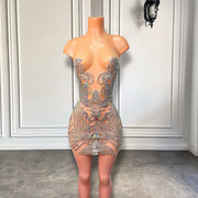 Sheer Sexy See Through Women Birthday Party Dress Sparkly Luxury Diamond Rhinestones Short Mini Prom Dresses