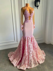 See Through Beaded Long Pink Prom Dress