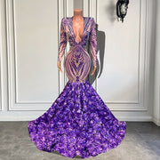 Long Sleeve Prom Dresses V-neck Sparkly Sequined Mermaid Fitted Lavender Prom Gowns