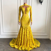 Sexy Mermaid Style Long Sleeve High Neck Yellow Sequin Long Prom Dresses For Party