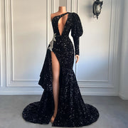 Elegant Sparkly Black One Shoulder Single Long Sleeve Prom Dress