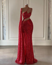 Long Evening Dresses Sexy High Slit Red Sequin Floor Length Formal Party Evening Gowns