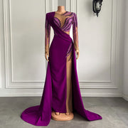 Long Sleeve Evening Dresses Luxury Real Sample Pearls Purple Satin Sheer Formal Evening Gowns