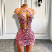 Luxury Sparkly Diamond Women Birthday Party Formal Gowns Halter Sleeveless Pink Diamond Short Prom Dresses