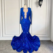 Long Sleeve Prom Dresses Sheer O-neck Fitted Mermaid Style Sparkly Royal Blue Sequin Women Prom Formal Gowns