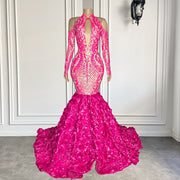 Real Off The Shoulder High Neck Hot Pink 3D Flowers Mermaid Long Prom Dresses