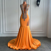 Orange Long Prom Dresses Sexy Mermaid Style Sheer O-neck Sparkly Luxury Silver Diamond Spandex Prom Gowns