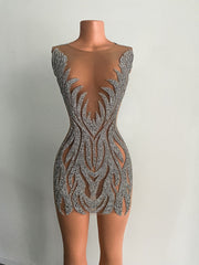 Luxury Sexy See Through Silver Beaded Crystals Short Mini Prom Dresses For Birthday Party