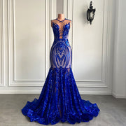 Real Sample Long Prom Dresses Fitted Mermaid Style Sheer Mesh Royal Blue Sparkly Sequined Women Prom Gala Gowns