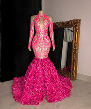 Real Off The Shoulder High Neck Hot Pink 3D Flowers Mermaid Long Prom Dresses