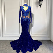 Royal Blue Beaded Long Sleeved Prom Dress