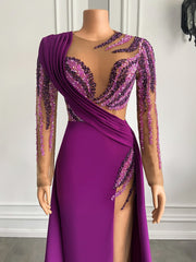 Long Sleeve Evening Dresses Luxury Real Sample Pearls Purple Satin Sheer Formal Evening Gowns