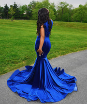 Long Elegant Prom Dresses Sexy Sheer Top Luxury Beaded Embroidery Royal Blue Velvet Short Prom Gown