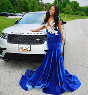 Long Elegant Prom Dresses Sexy Sheer Top Luxury Beaded Embroidery Royal Blue Velvet Short Prom Gown