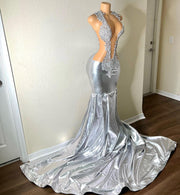 Sparkly Long Sexy Mermaid Style Sheer Mesh Luxury Beaded Silver Leather Prom Dress